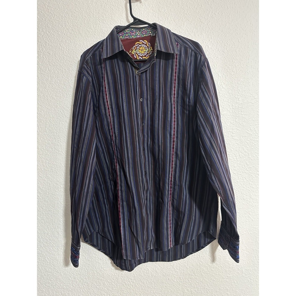 Robert Graham Shirt Men XL Blue Long Sleeve Geometric Stripe Flip Cuff Contrast